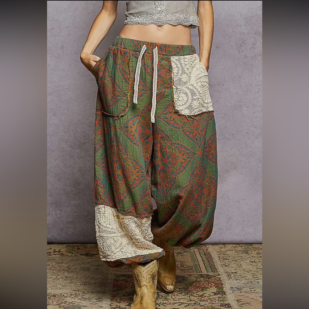 Boho Green Printed Wide-Leg Jogger Style Pants with Lace Trim